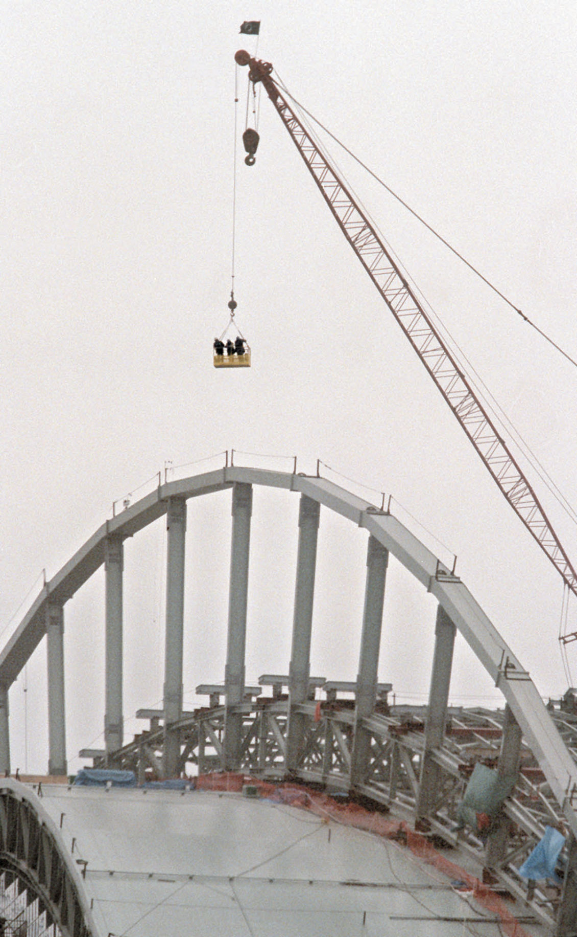 Workers lowered by crane onto roof